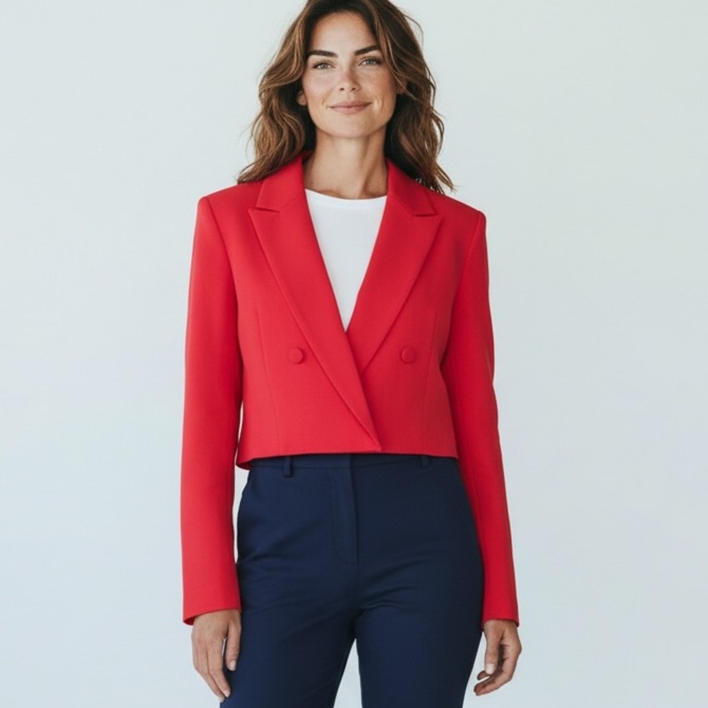 Zara Red Structured Cropped Blazer - Linen Blend - Vibrant Red Size Small